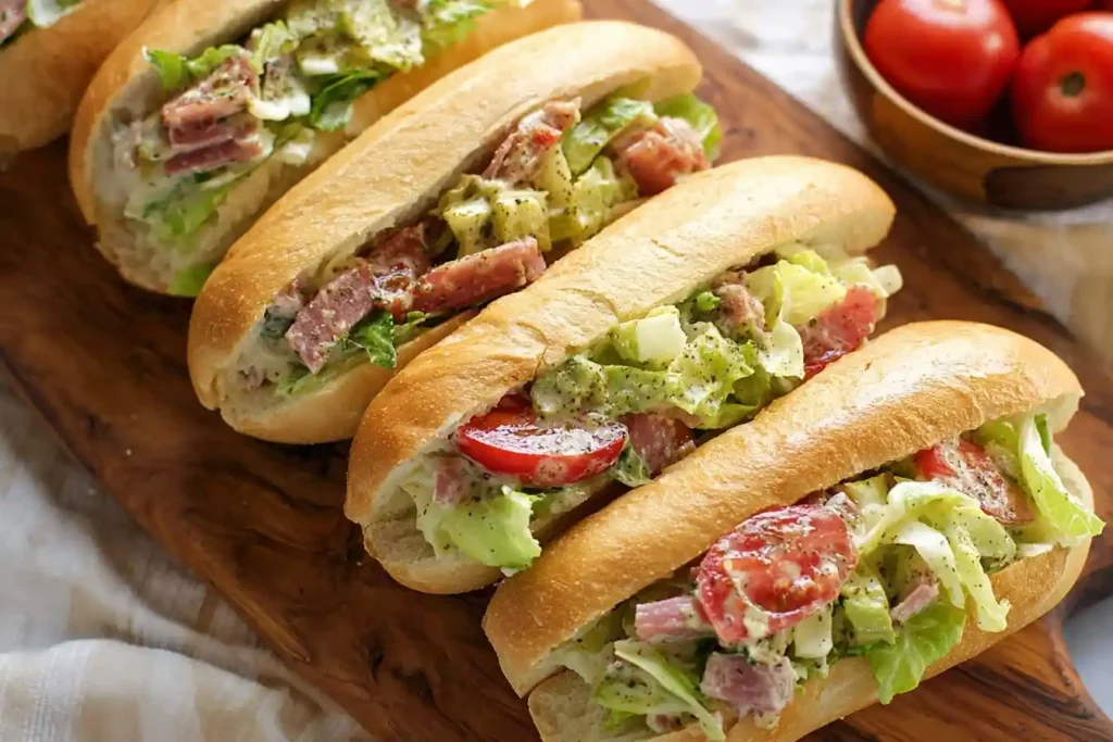 Five loaded Italian Grinder Sandwiches on a wooden board filled with creamy chopped salad and deli meats.