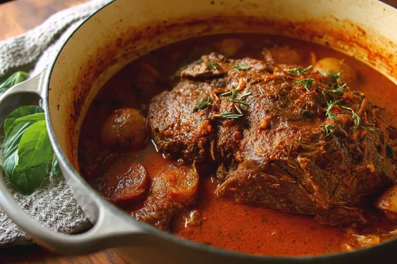 A tender pot roast with potatoes and fresh rosemary simmering in a rich, red gravy inside a light-colored Dutch oven.