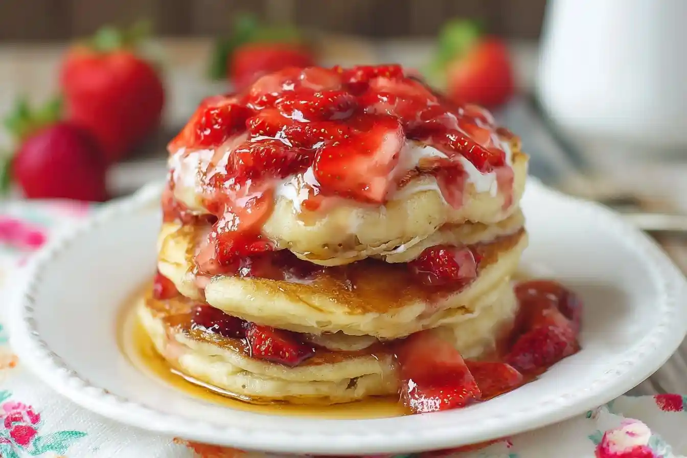 Stack of fluffy Strawberry Pancakes topped with fresh strawberry sauce and syrup on a white plate.