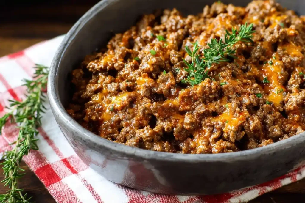 Close-up of savory ground beef in a grey bowl garnished with fresh thyme sprigs.
