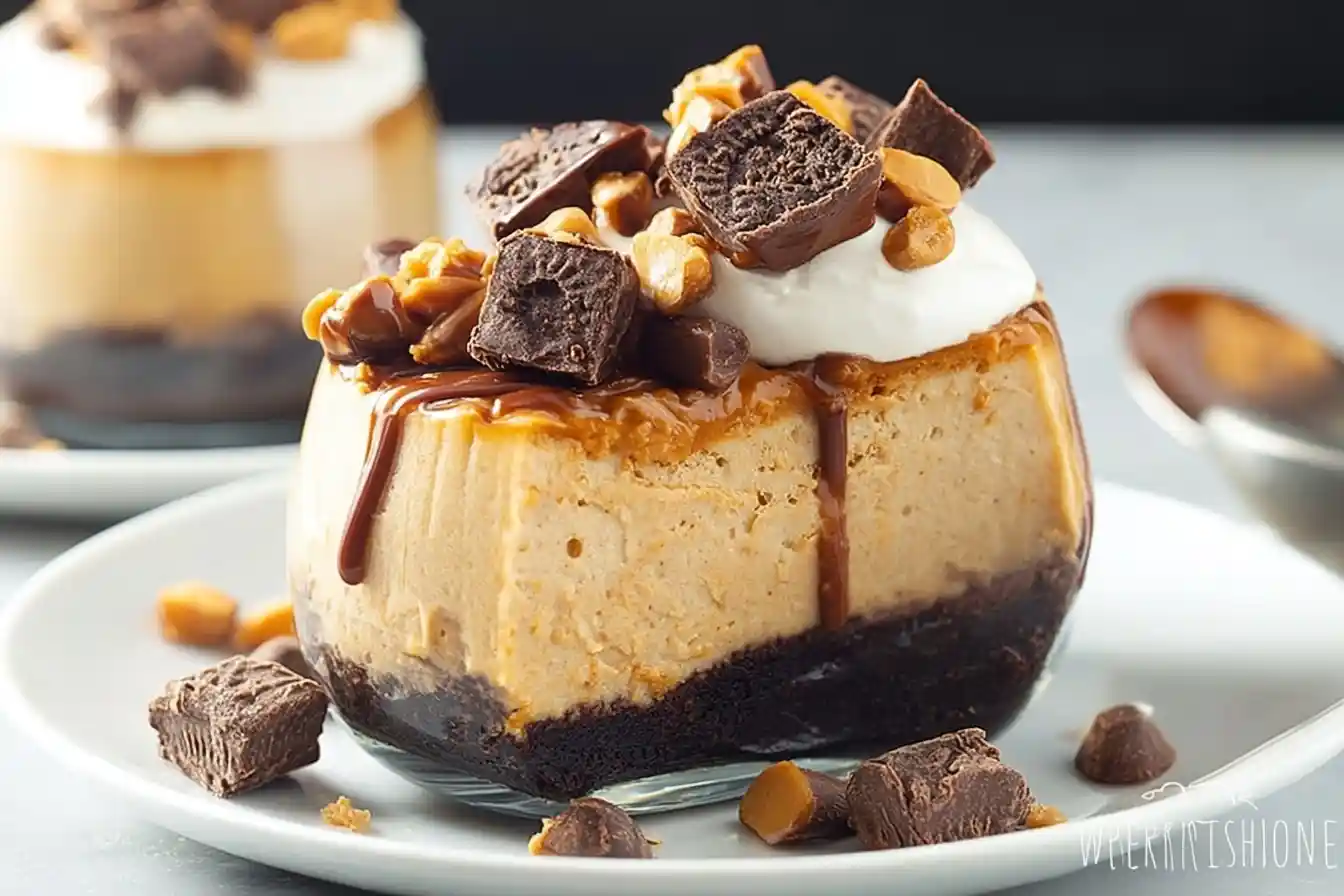 An individual Snickers cheesecake in a glass, topped with whipped cream, caramel sauce, peanuts, and chopped chocolate.