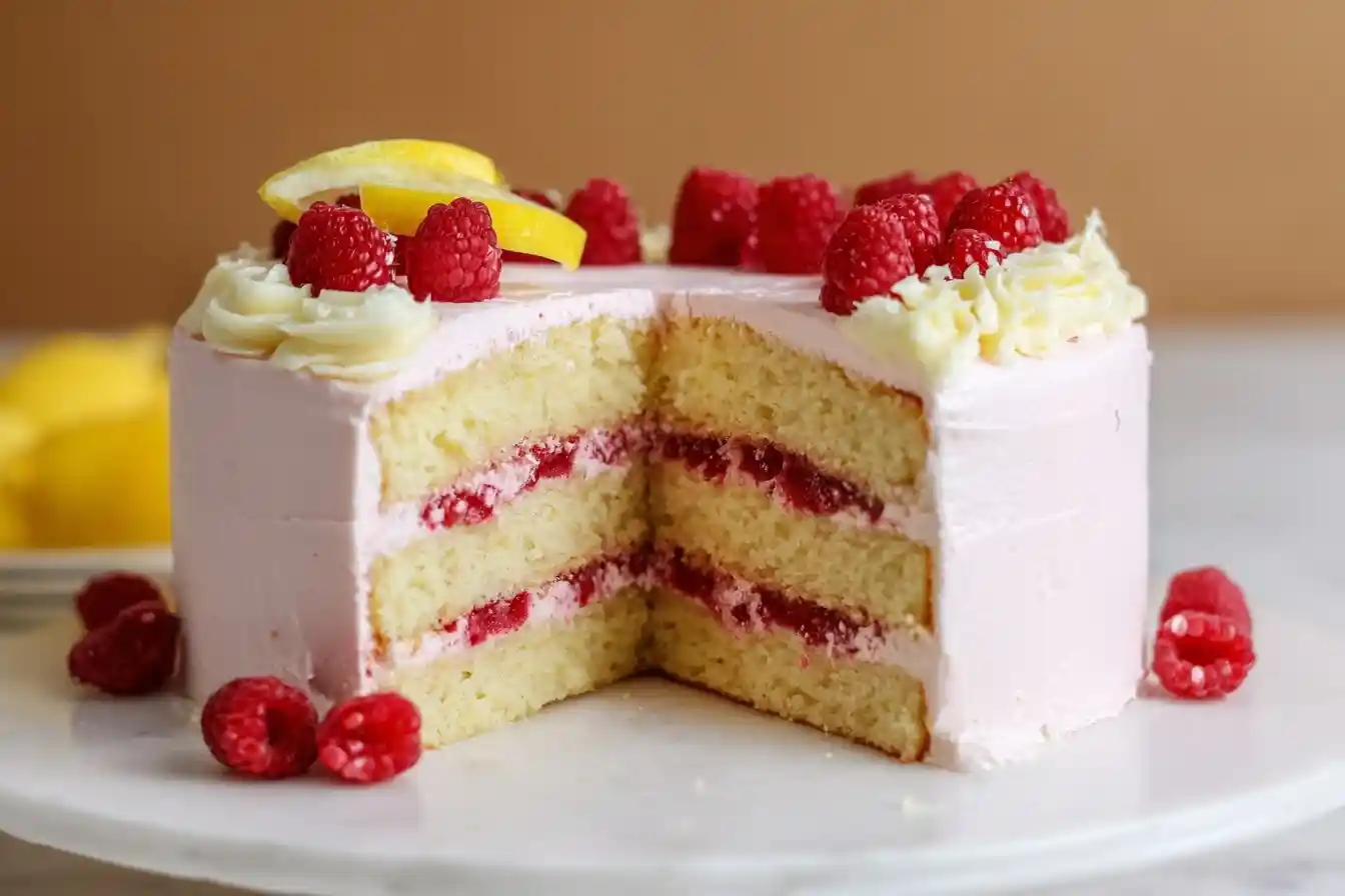 Sliced lemon raspberry cake on a white stand, showcasing fluffy layers, raspberry filling, and fresh fruit toppings.