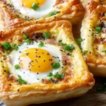 Close-up of golden puff pastry breakfast tarts topped with baked eggs, bacon, and green onions on a wooden board.
