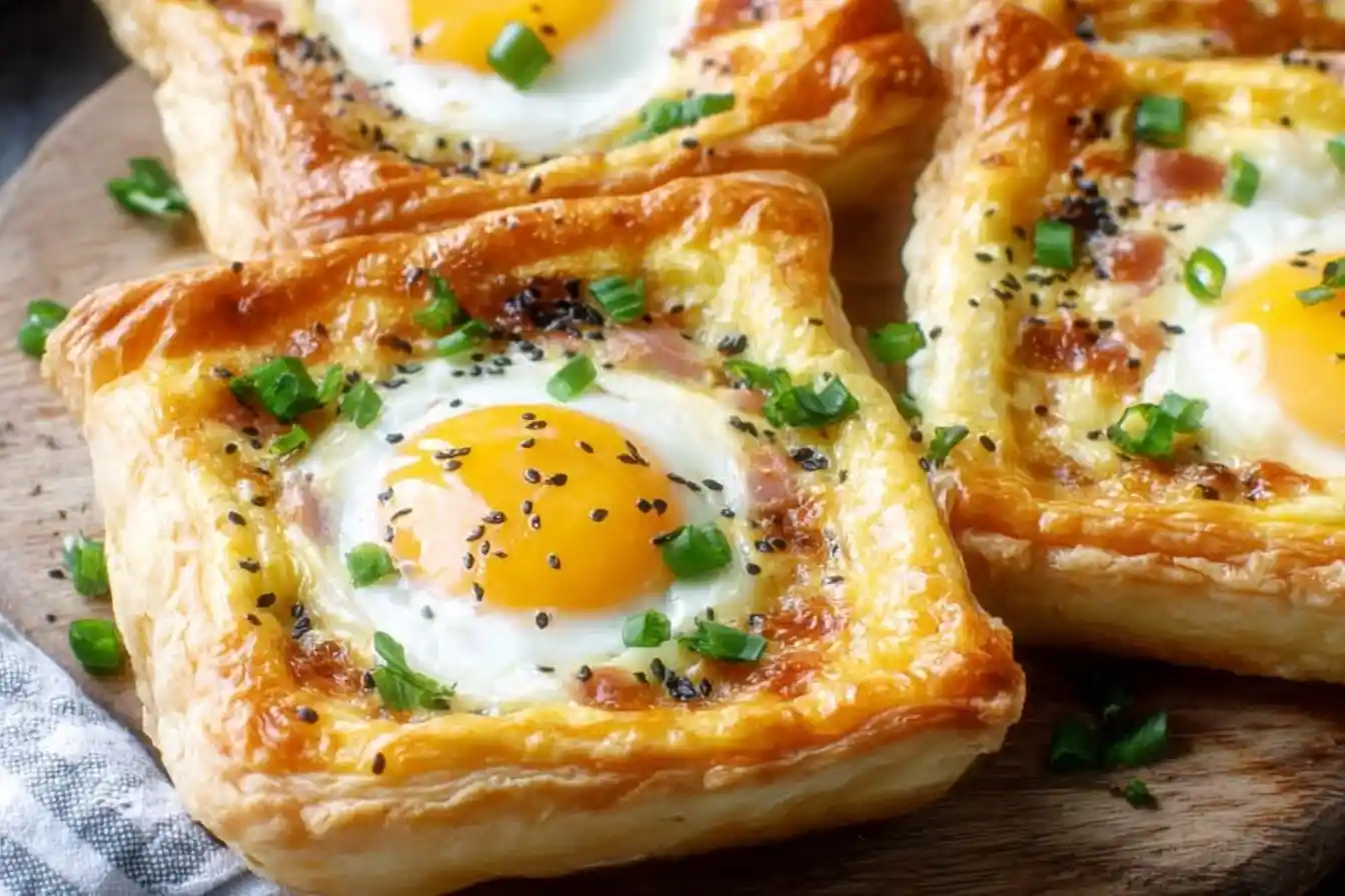 Close-up of golden puff pastry breakfast tarts topped with baked eggs, bacon, and green onions on a wooden board.