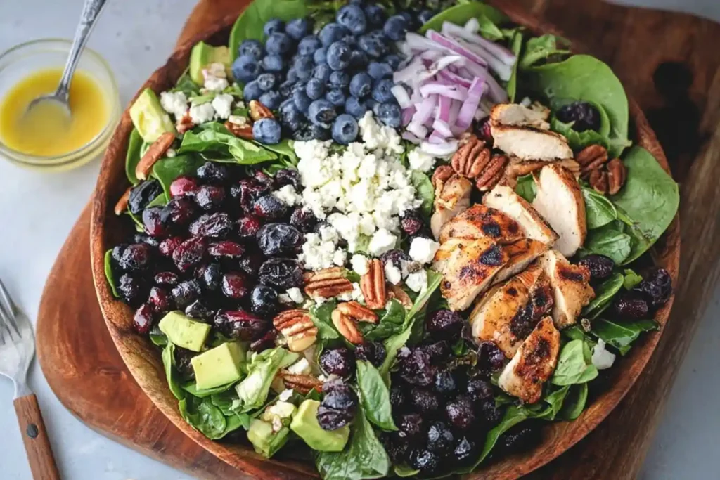 Top down view of a fresh Blueberry Spinach Salad with grilled chicken, avocado, and pecans in a wooden bowl