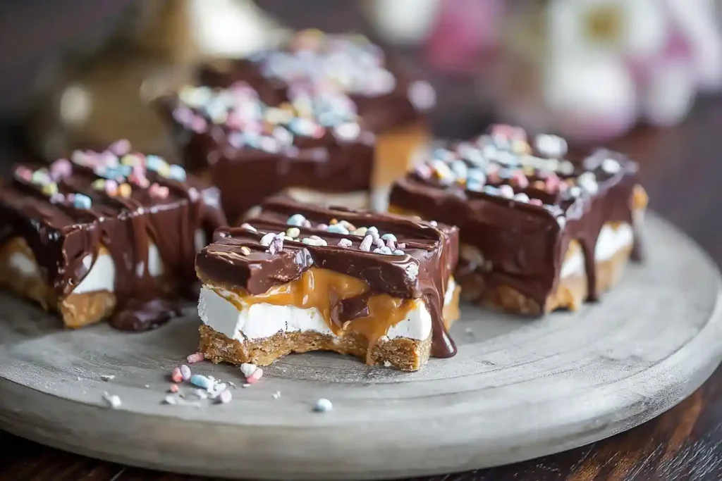 Close-up of Chocolate Caramel Marshmallow Bars with a bite taken out, revealing gooey layers and colorful sprinkles.