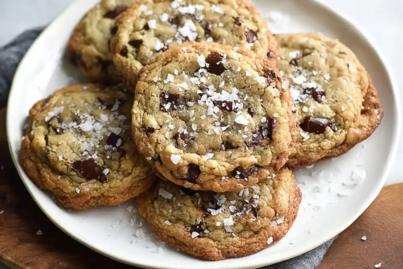 Stack of homemade salted chocolate chip cookies topped with flaky sea salt on a white plate.