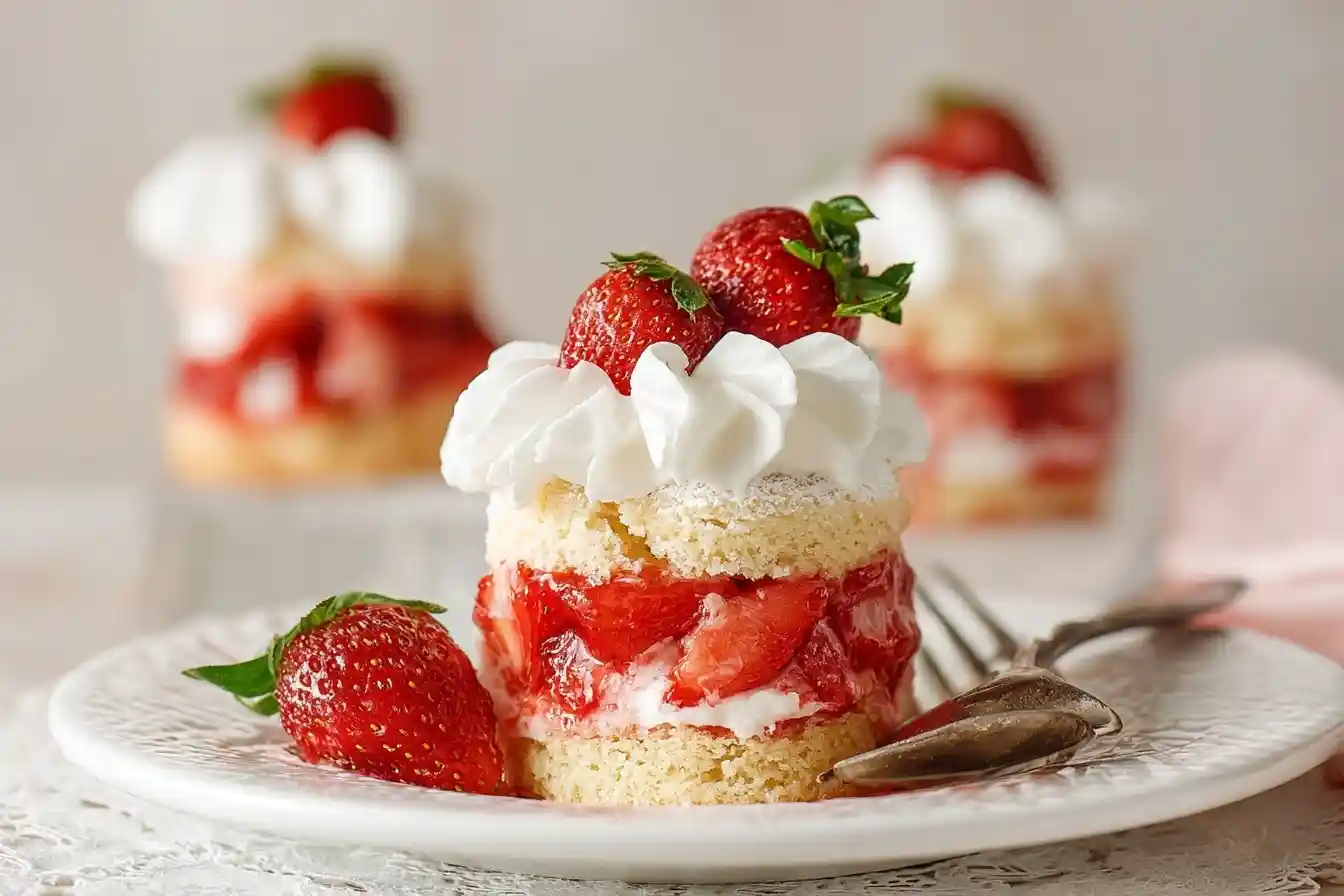 Close-up of a layered strawberry shortcake with whipped cream and fresh berries on a white plate.