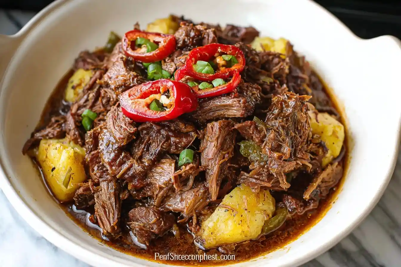 A white bowl filled with tender and saucy Pineapple Shredded Beef, garnished with fresh red chili slices and green onions.
