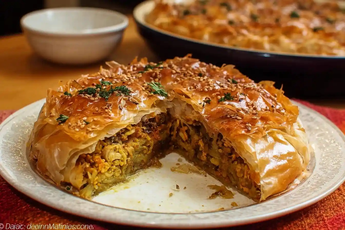 Sliced Chicken Pastilla showing savory filling and crispy phyllo dough layers topped with sesame seeds