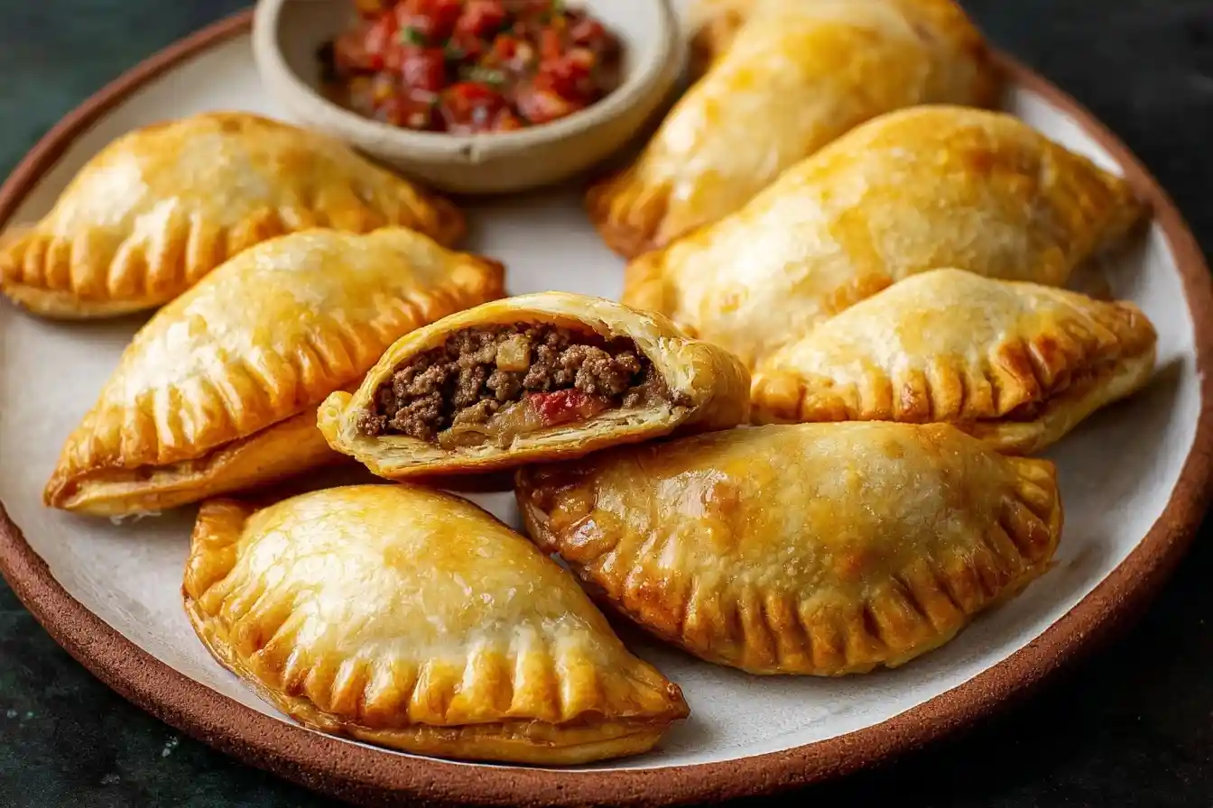 Golden baked Beef Empanadas on a plate, with one cut open revealing a savory meat filling and a side of salsa.