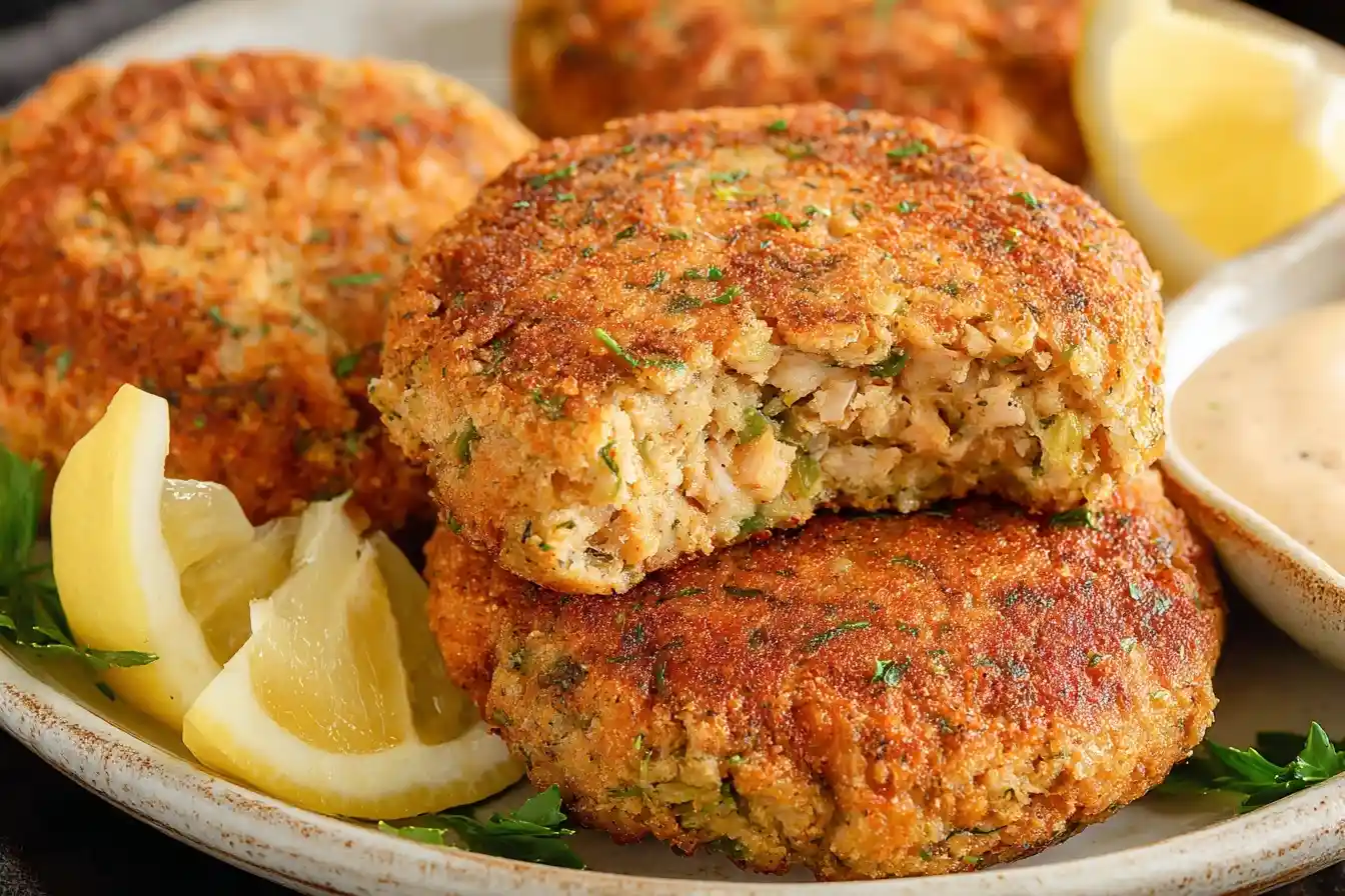 Close-up of crispy tuna patties on a plate with one broken open to show the texture, served with lemon wedges