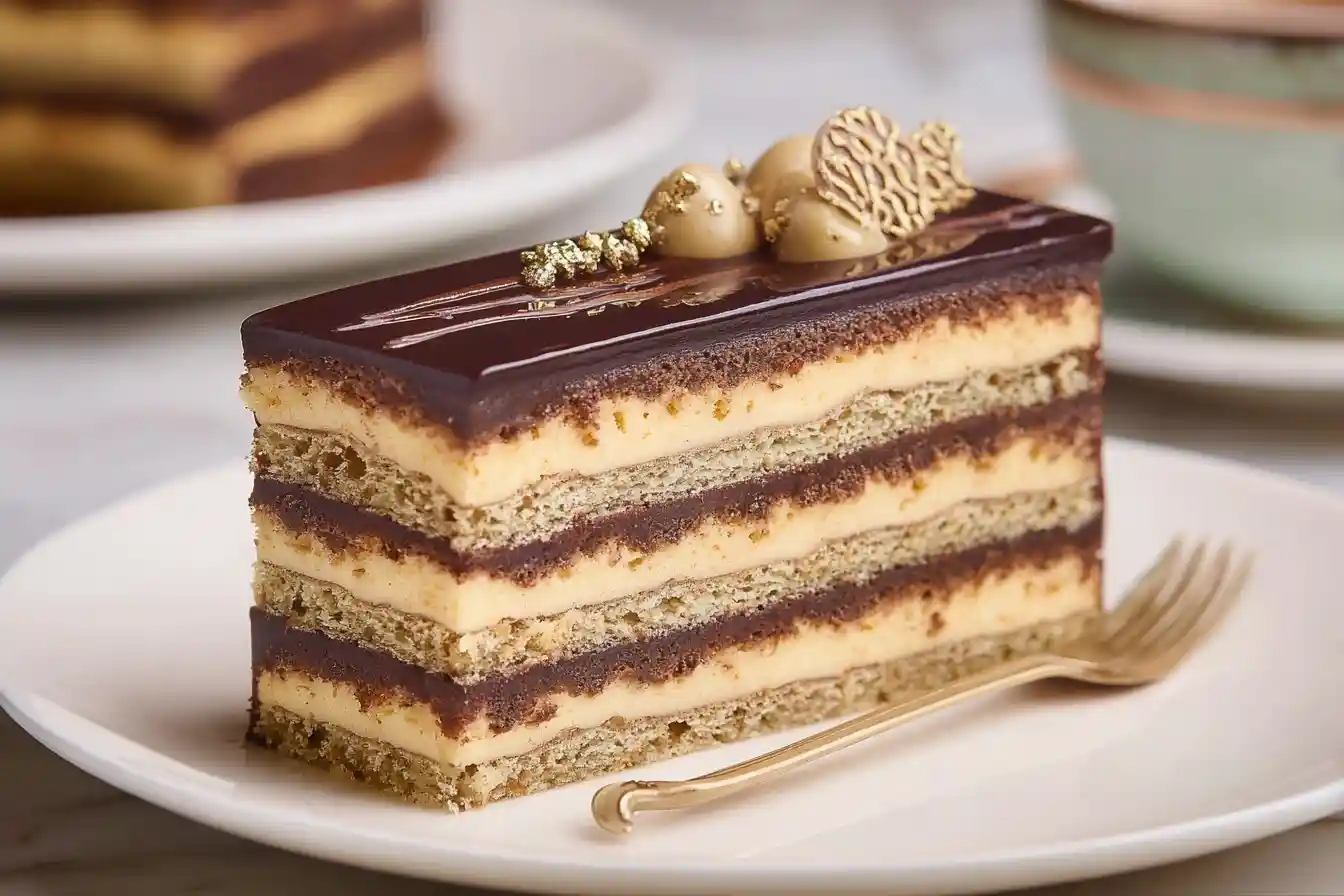 Close-up of a layered Opera Cake slice with coffee buttercream, chocolate ganache, and gold leaf garnish.