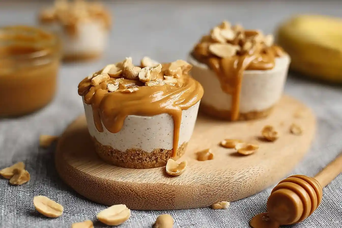Close-up of peanut butter banana cheesecake cups topped with dripping peanut butter and crushed peanuts on a wooden board.