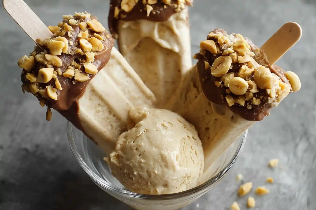 Homemade peanut butter popsicles dipped in chocolate and peanuts, served in a clear glass bowl.