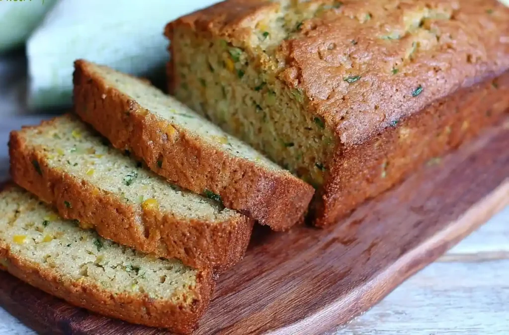 Sliced loaf of moist pineapple zucchini bread resting on a wooden cutting board with a green zucchini in the background.