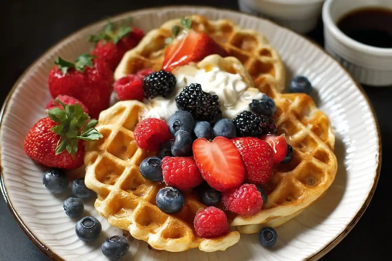 A plate of golden Belgian waffles topped with a generous amount of fresh strawberries, blueberries, blackberries, and cream.