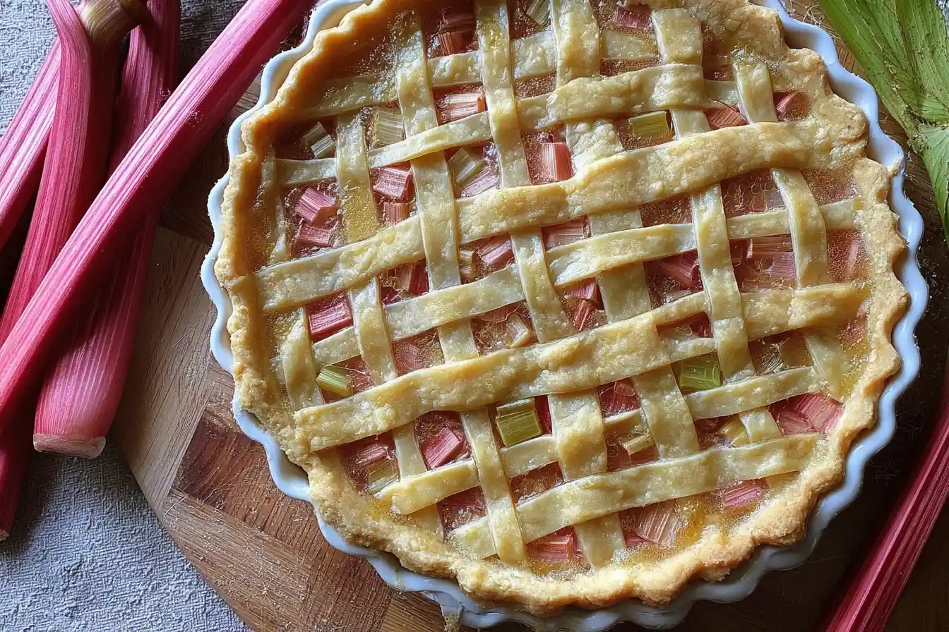 A beautiful homemade rhubarb pie with a golden lattice crust, sitting on a wooden board next to fresh rhubarb stalks.