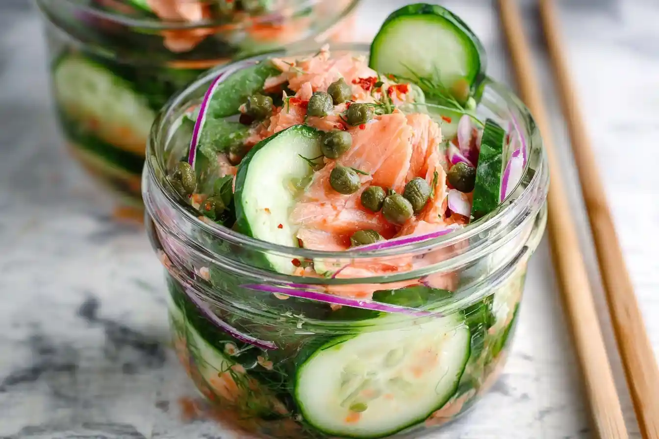 Close-up of a fresh salmon cucumber salad in a mason jar, layered with red onion, capers, and dill.