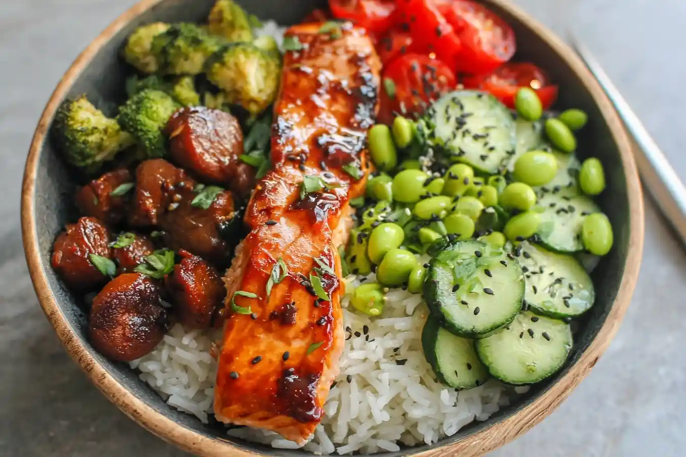 Top view of a Teriyaki Salmon Bowl with glazed salmon, broccoli, mushrooms, edamame, and cucumber over rice.