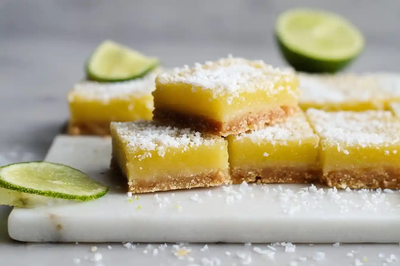 A close-up of delicious {{ $('Fetch Recipe Data').first().json["Main Keyword"] }} stacked on a marble board, garnished with fresh lime slices and shredded coconut.