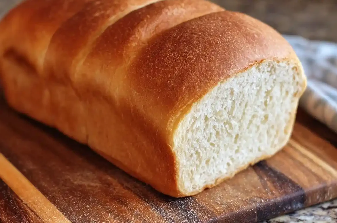 A loaf of freshly baked white bread with a golden crust sitting on a wooden cutting board.