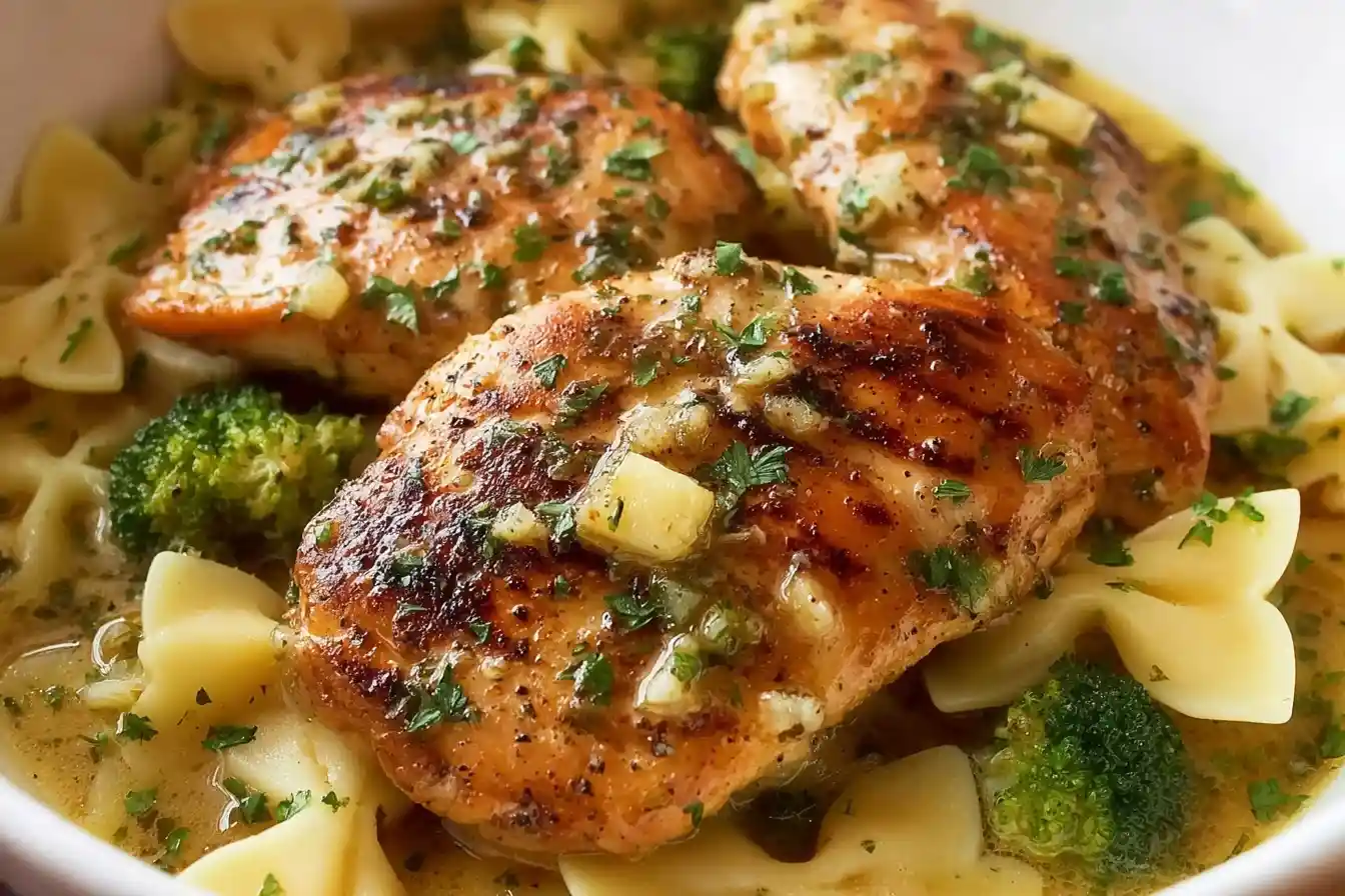 Golden seared Garlic Butter Chicken breasts served over bow tie pasta and broccoli florets with herbs.