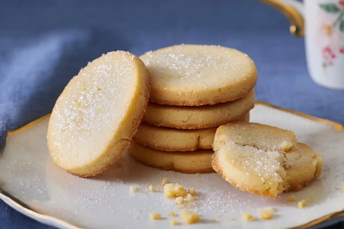 Stack of buttery shortbread cookies sprinkled with sugar on a white plate with a broken cookie in front.