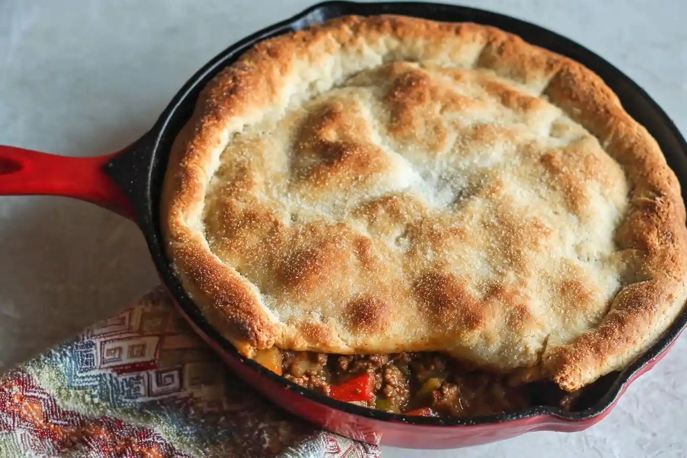 Freshly baked skillet Tamale Pie with a golden cornbread crust and savory ground beef filling.