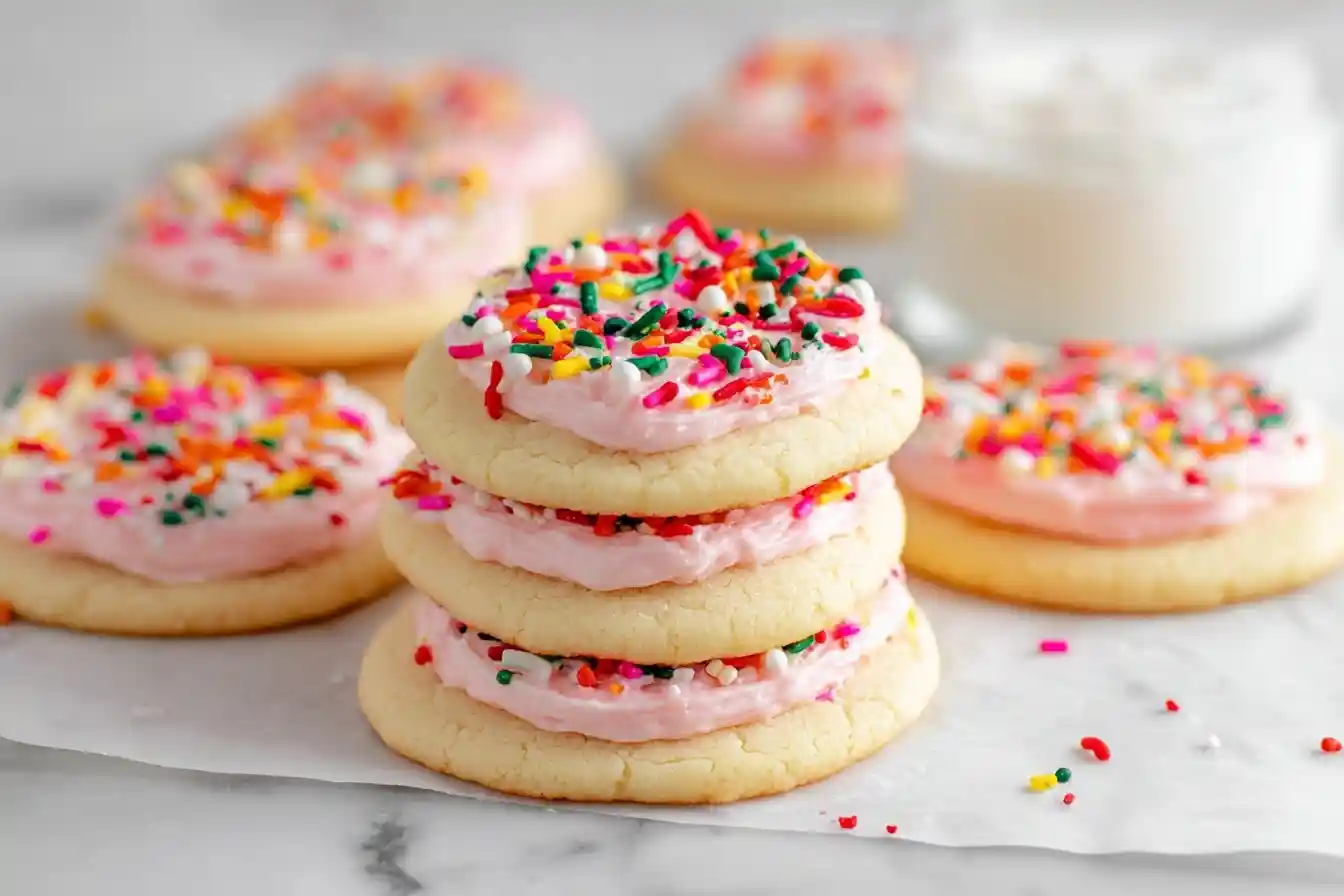 Stack of three soft frosted sugar cookies with pink buttercream and rainbow sprinkles on parchment paper.