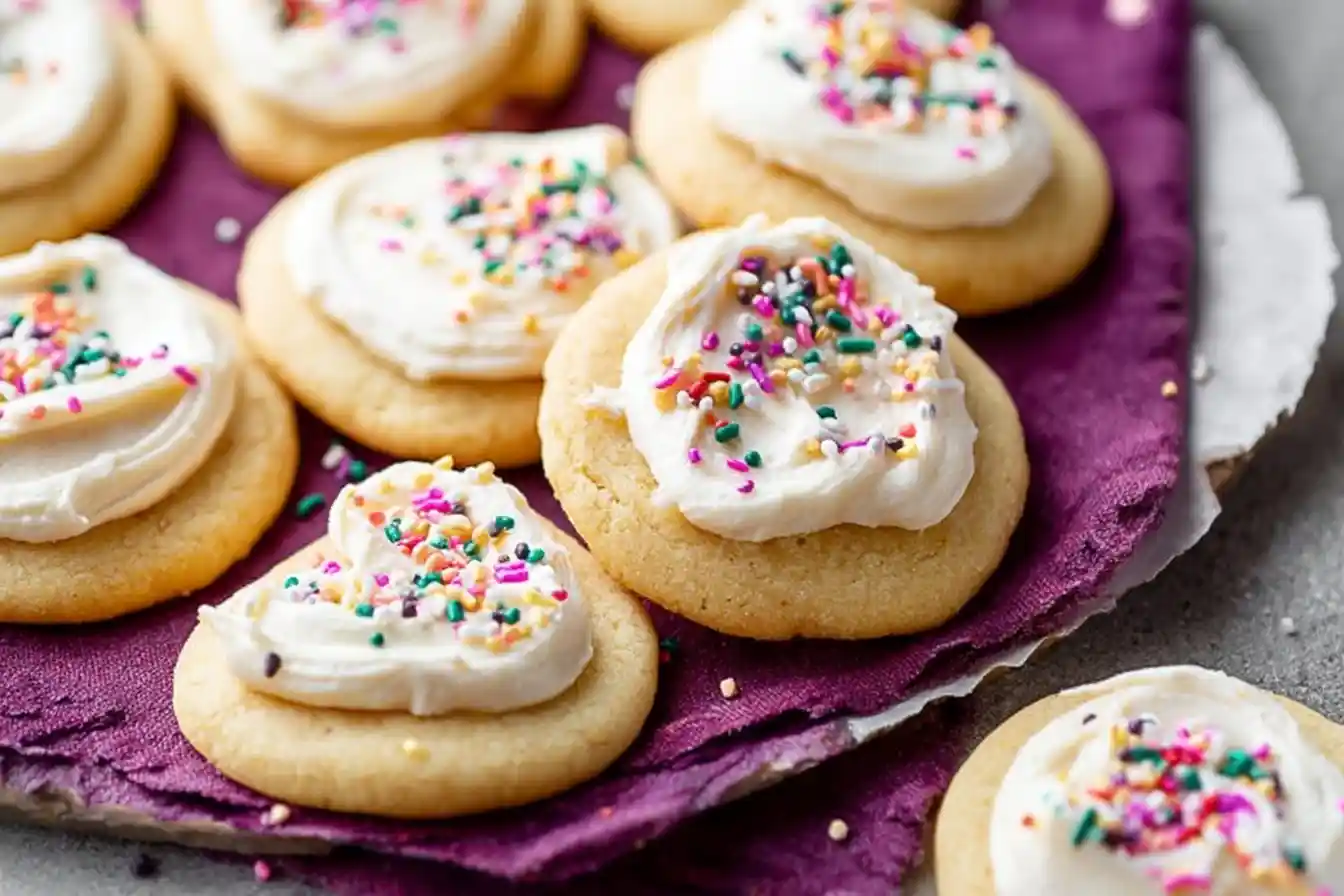 Close-up of soft frosted sugar cookies topped with white icing and colorful sprinkles on a purple napkin.