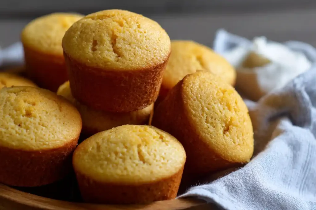 A pile of golden brown, freshly baked Jiffy cornbread muffins served on a wooden plate with a side of butter.