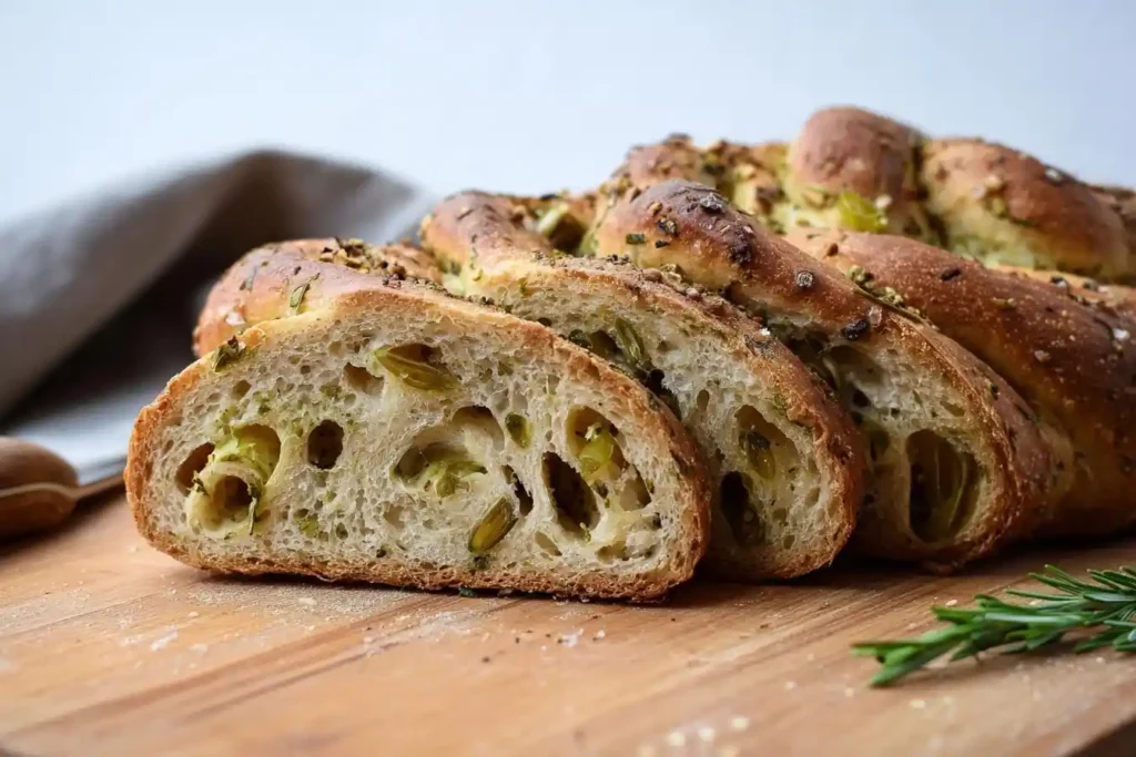 Close-up of sliced green olive bread with savory chunks of olives and herbs on a wooden cutting board