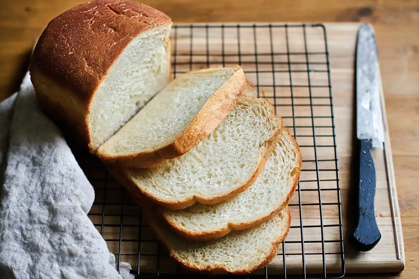 A partially sliced loaf of homemade white bread with a golden crust resting on a wire cooling rack.