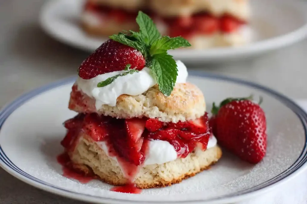 Close-up of a homemade strawberry shortcake biscuit filled with whipped cream and fresh berries on a plate.