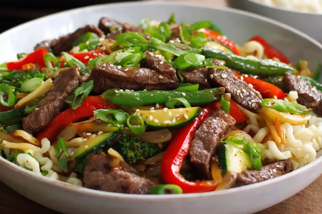 Close-up of a bowl of Beef Lo Mein with tender steak strips, broccoli, red peppers, zucchini, and sesame seeds.