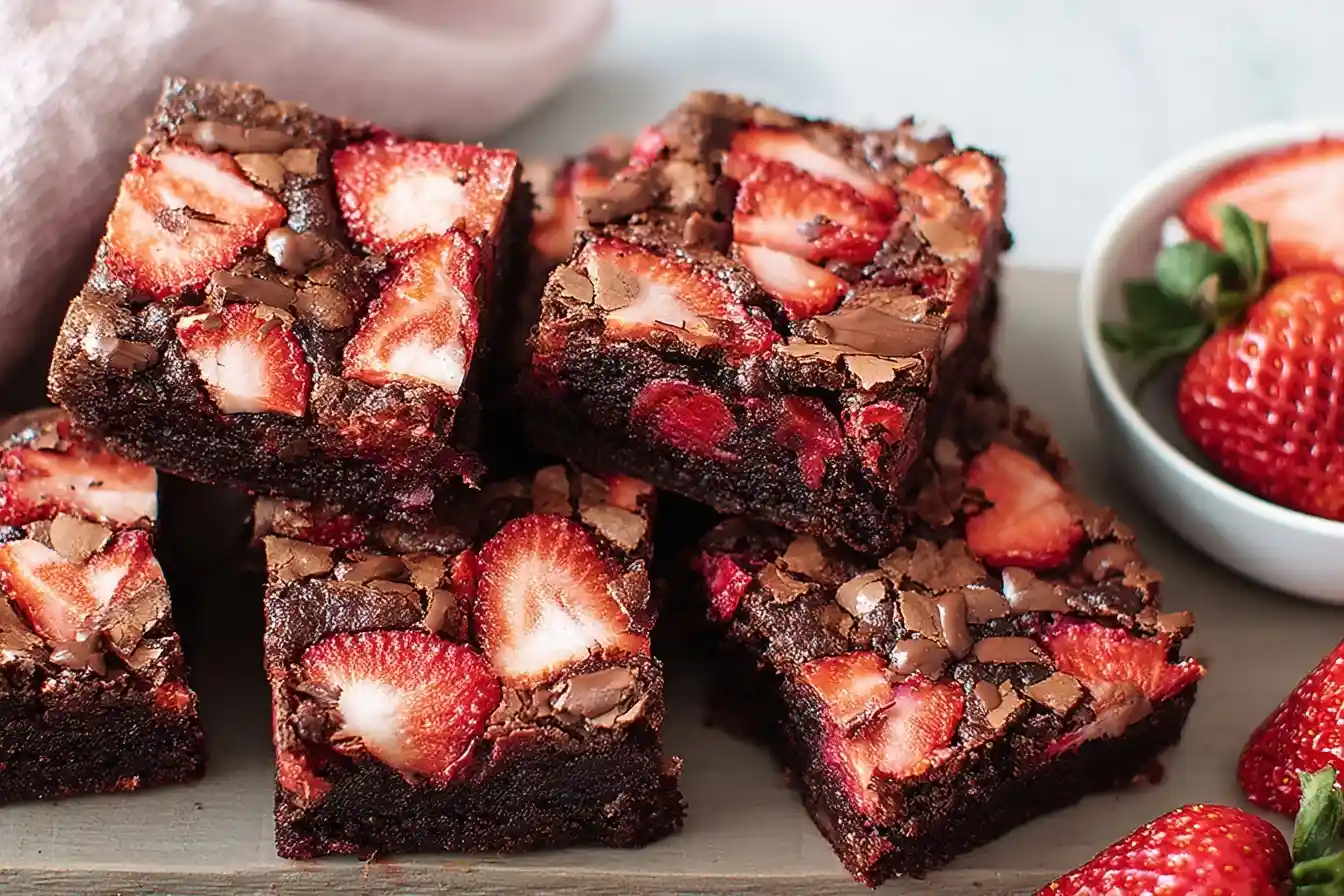 A stack of fudgy strawberry brownies topped with fresh strawberry slices and chocolate chips on a wooden board.