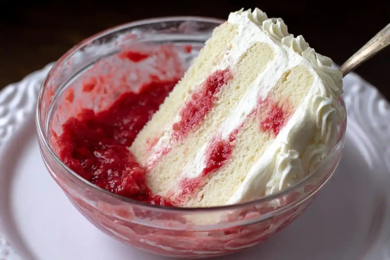 Slice of strawberry poke cake with white frosting and strawberry sauce in a glass bowl.
