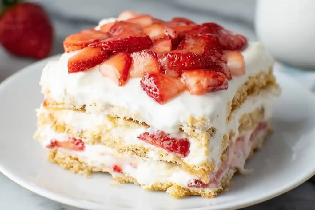 Close-up slice of Strawberry Icebox Cake with layers of graham crackers, whipped cream, and fresh strawberries.