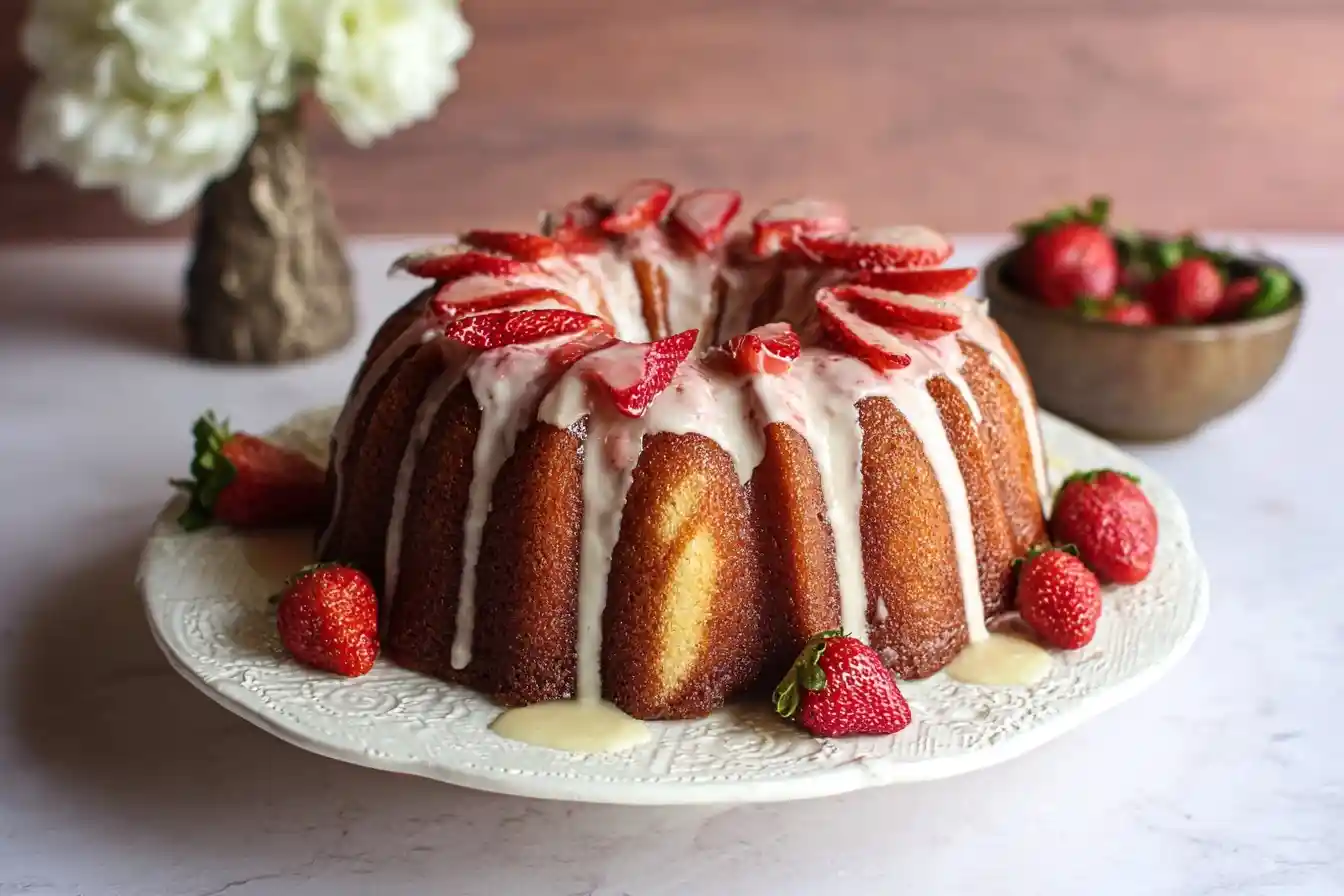 A golden brown Strawberry Bundt Cake drizzled with white glaze and topped with fresh sliced strawberries on a white stand.