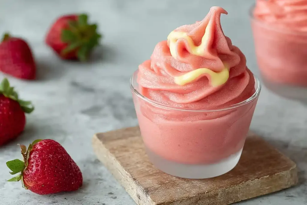 Close-up of pink strawberry soft serve in a glass cup with a yellow swirl and fresh strawberries on a grey background.