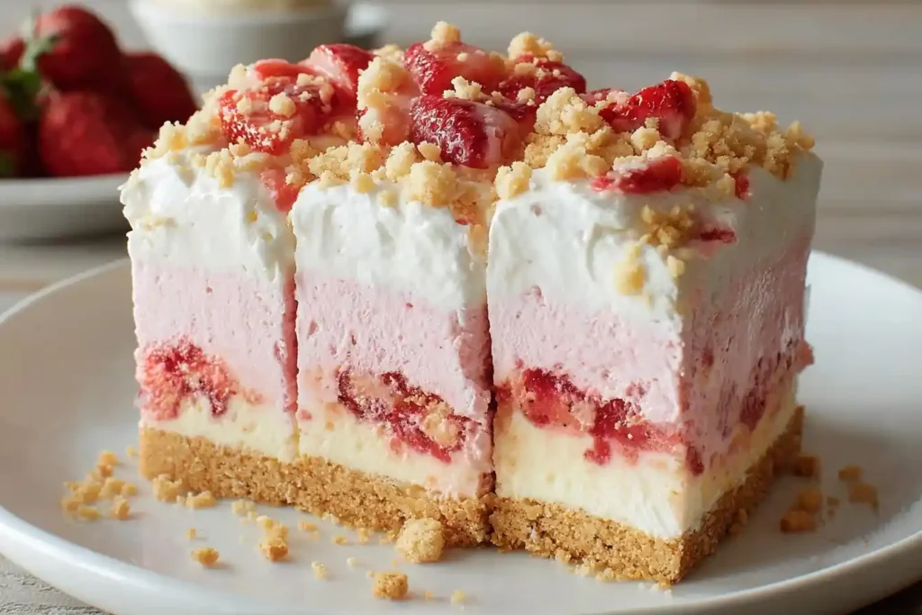 Three slices of layered Strawberry Crunch Cheesecake bars topped with fresh berries and crumble on a white plate.