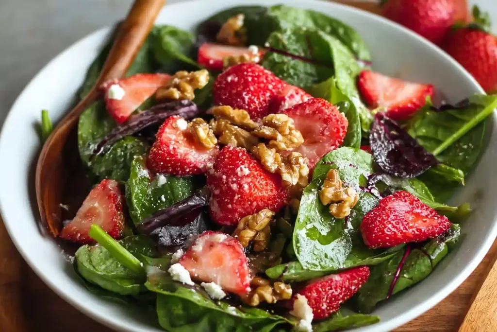 Close-up overhead view of a fresh strawberry spinach salad with walnuts and feta in a white bowl.