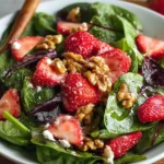 Close-up overhead view of a fresh strawberry spinach salad with walnuts and feta in a white bowl.