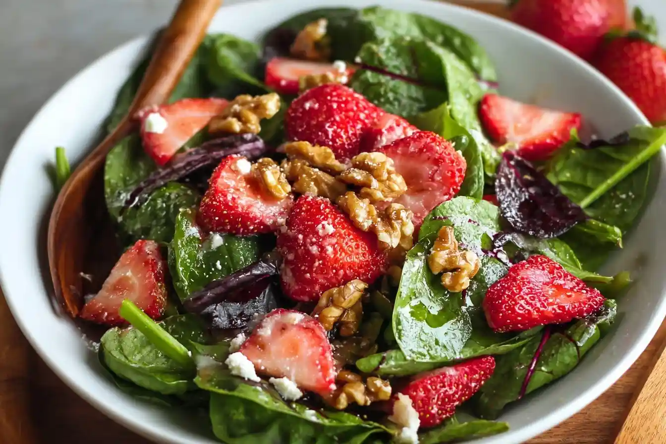 Close-up overhead view of a fresh strawberry spinach salad with walnuts and feta in a white bowl.