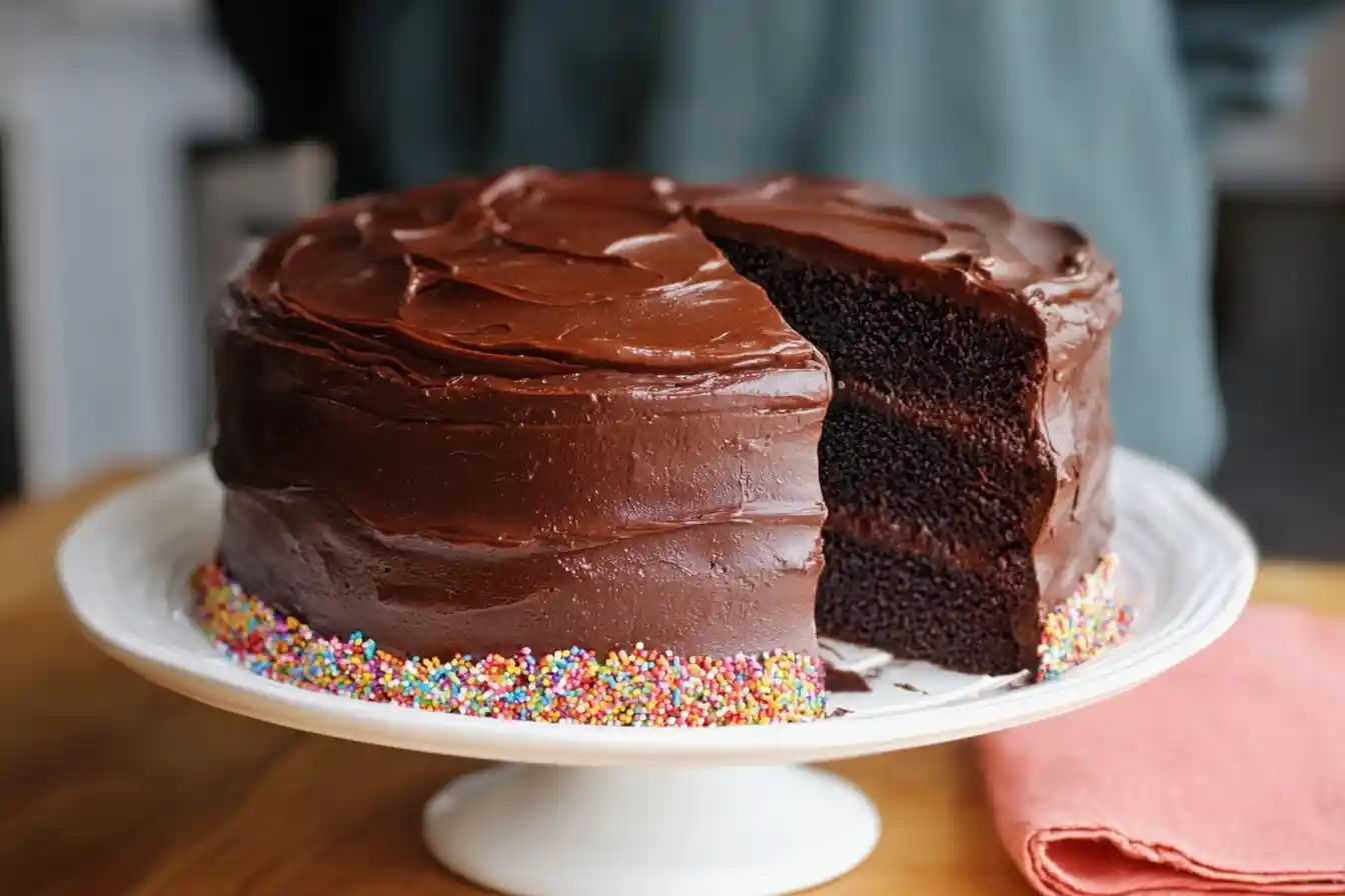 Sliced three-layer chocolate cake on a white stand featuring rich frosting and a rim of rainbow sprinkles.