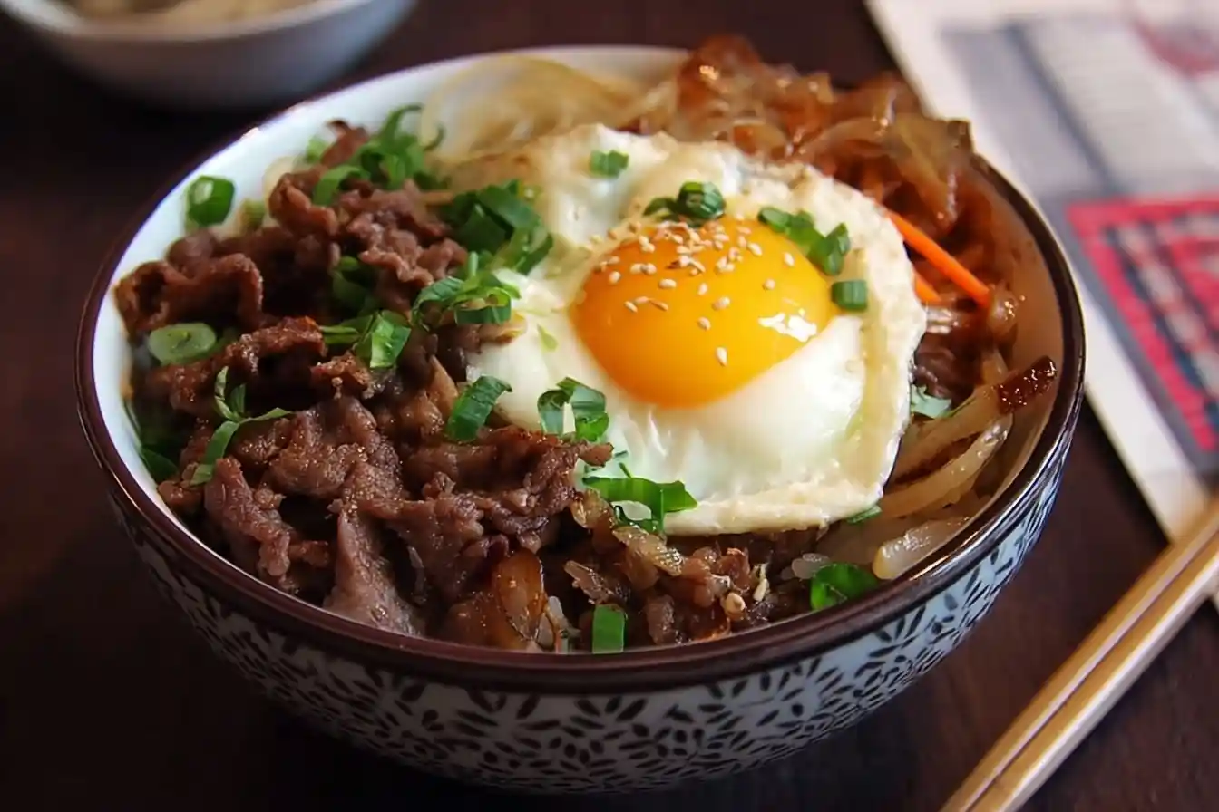 Close-up of a savory Gyudon bowl topped with sliced beef, onions, scallions, and a sunny-side-up egg.