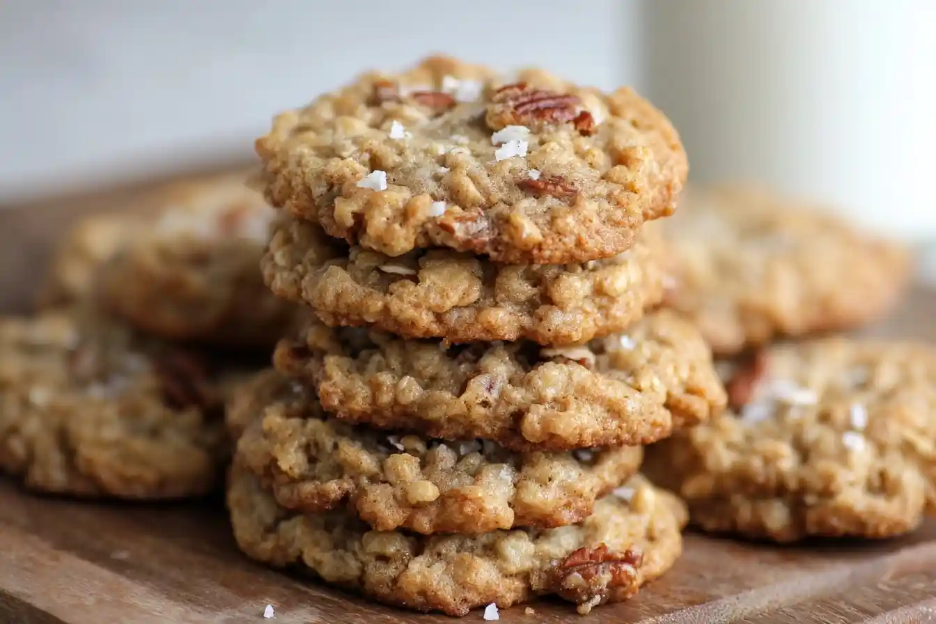 Stack of salted oatmeal pecan cookies topped with flaky sea salt on a wooden board.
