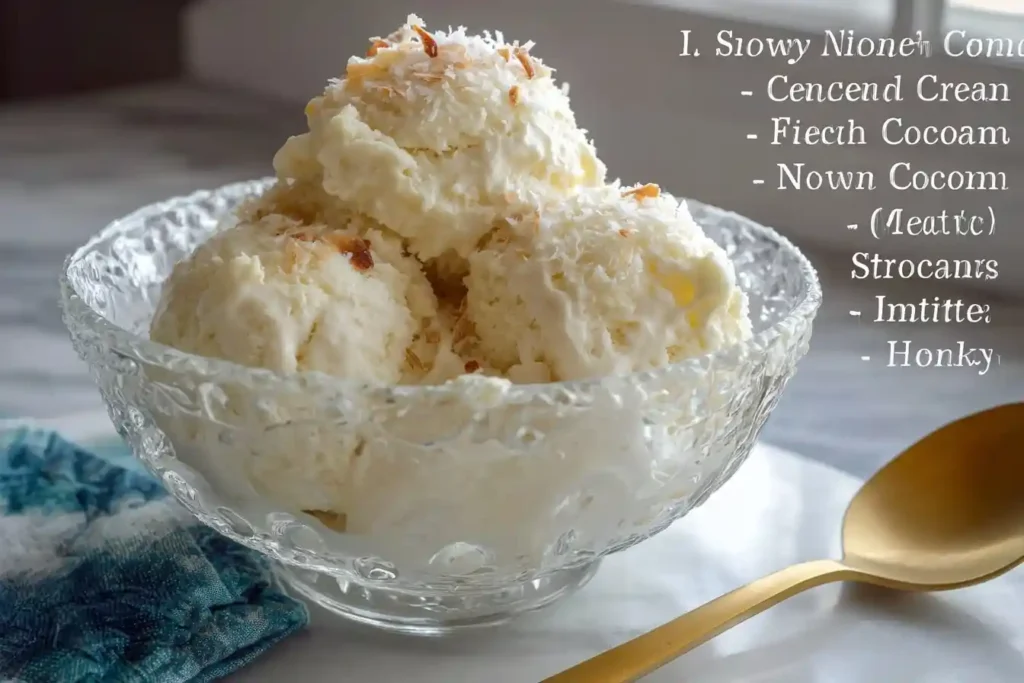 A clear glass bowl filled with scoops of homemade coconut ice cream and topped with toasted coconut flakes, next to a gold spoon.