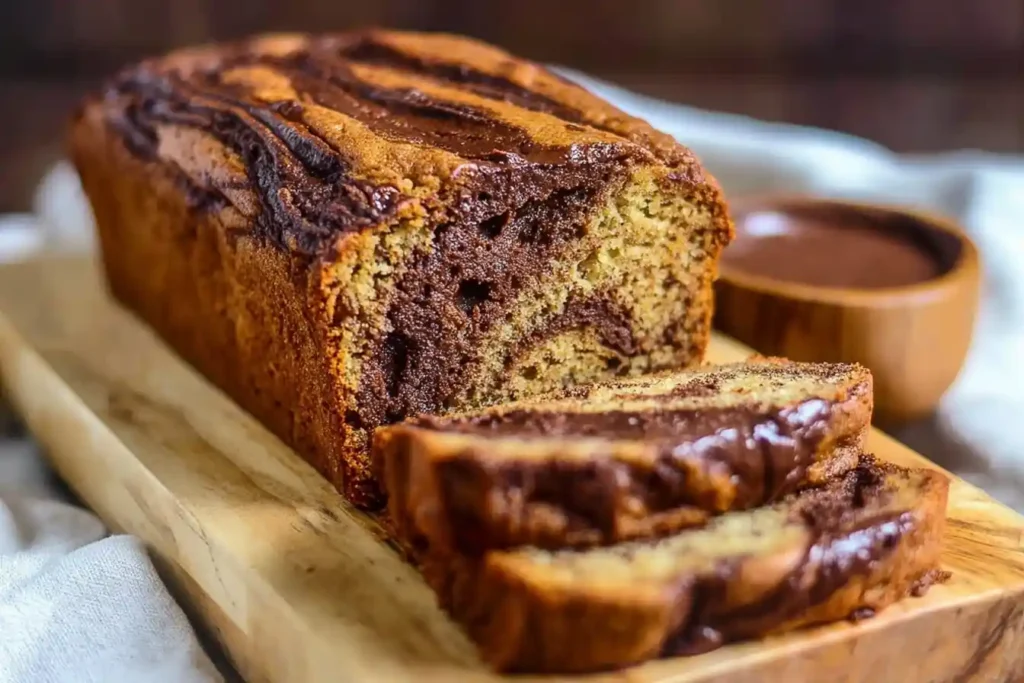 Sliced loaf of moist Chocolate Swirl Banana Bread on a wooden board showing the marbled interior.